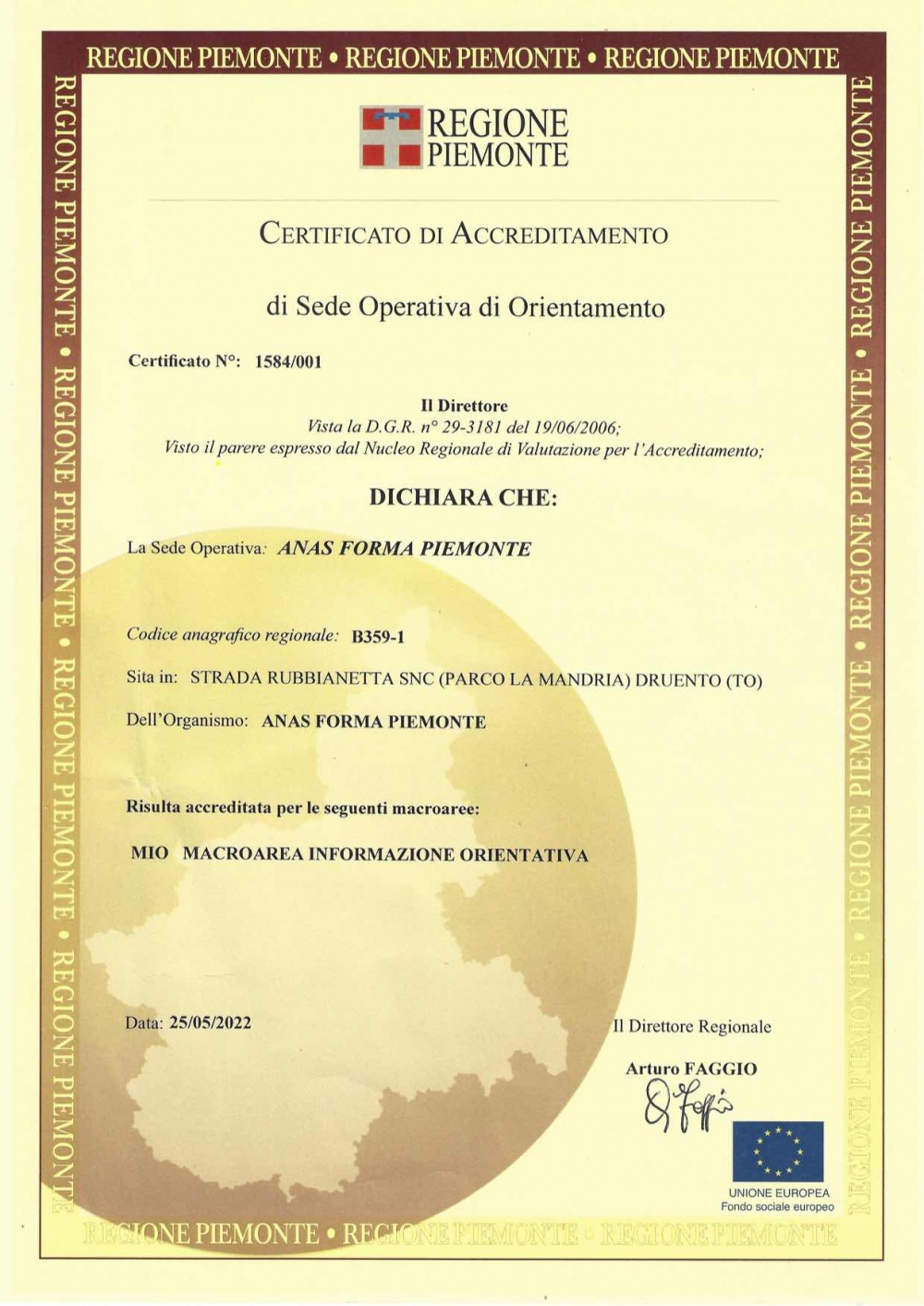 Il certificato di accreditamento per la Macroarea Informazione Orientativa